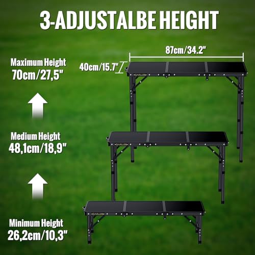 GARLLEN Folding Camping Table Max 27.5", 3-Height Adjustable Portable Camping Table with Carrying Bag, Lightweight Aluminum Folding Picnic Tables for BBQ, Travel, Outdoor, 34.2" L x 15.7" W - color: Black, size: Tabletop Size: 34.2"l X 15.7"w
