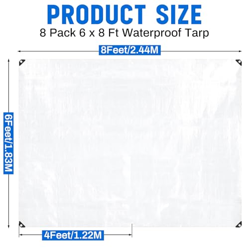 8 Pack 6 x 8 ft 5.5 Mil Large Tarps Heavy Duty Waterproof Tarp Multi Purpose Tent Cover for Home Boats Cars Camping Patio Furniture Roof Emergency Rain Protective Cover, White - color: White, size: 6 x 8 ft