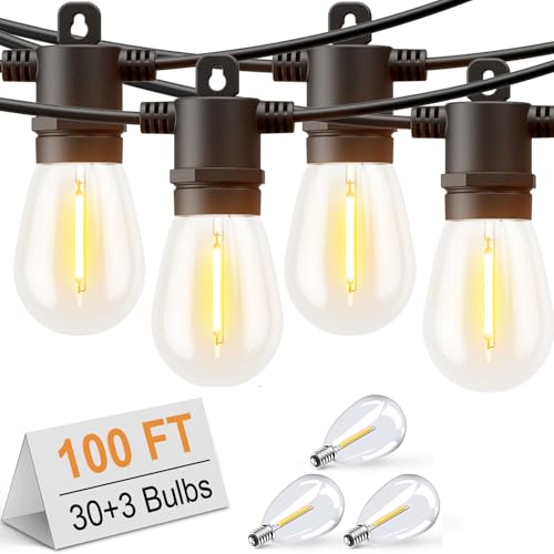 Svater LED Outdoor String Lights 100 FT, Patio Lights with Shatterproof Bulbs, Outside Hanging Light Waterproof for Porch, Deck, Garden, Backyard, Balcony, Dimmable 2700K - size: 100ft30led