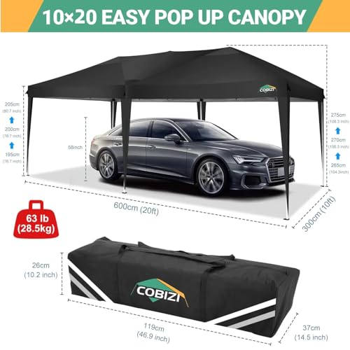 COBIZI Canopy 10x20 Pop Up Canopy Tent with 6 Sidewalls Outdoor Party Tent 10x20 Waterproof Commercial Instant Shelter UPF 50+ Portable Gazebo Wedding Tents for Parties Car Port Vender Events(Black - color: Black, size: 10x20FT with 6 sidewalls