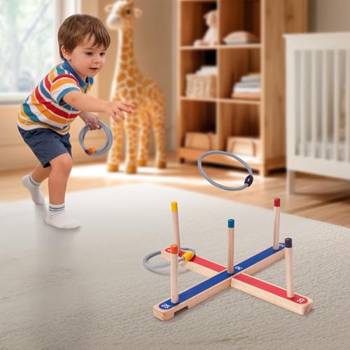 WILLOWDALE Wood Ring Toss Game for Kids, Outdoor Yard Games with 5 Rope Rings, Backyard Fun Ring Toss Rings, Wooden Outdoor Games for Adults and Family, Indoor Games for Kids (Red & Blue)