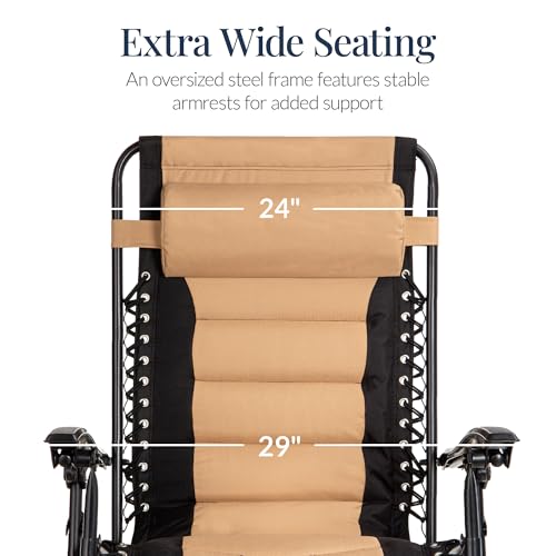 Best Choice Products Oversized Padded Zero Gravity Chair, Folding Outdoor Patio Recliner, XL Anti Gravity Lounger for Backyard w/Headrest, Cup Holder, Side Tray, Polyester Mesh - Tan - color: Black/Tan