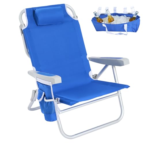 SUNNYFEEL Low Beach Chair, 5-Position Lay Flat Reclining, Backpack Portable Folding Chair with Cooler Bag & Cup Holder, Heavy Duty 350 LBS, Compact for Beach, Camping, Travel (New Blue) - color: Blue, size: 1-pack