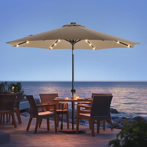 wikiwiki 10ft Solar Led Patio Umbrella, Sturdy Outdoor Market Umbrella for Deck, Pool, Garden w/Tilt, Crank, 32 LED Lights, Tan - color: Tan, size: 10FT