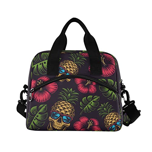 Hawaiian Pineapple Skull Insulated Lunch Bag Reusable Lunch Tote Bag Cooler Bag for Women Men Adult Lunch Box with Adjustable Shoulder Strap Leakproof Lunch Bag for Work School Picnic Camping - color: Hawaiian Pineapple Skull