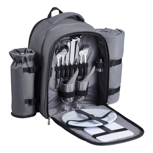 VEVOR Picnic Backpack, Beach Picnic Backpack Bag for 2 Person with Insulated Cooler Compartment, Detachable Bottle/Wine Holder, Lightweight Blanket, Plates and Cutlery Set for Hiking, Camping, Grey - size: single layer for 2 & gray