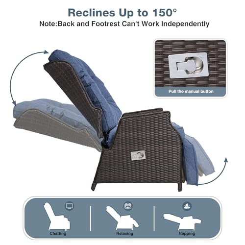 Outdoor Indoor Wicker Recliner with Adjustable Back and Footrest, Patio Reclining Chair with Flip-up Table, Outdoor Rattan Lounge Chair, Navy 2PCS - color: Navy, size: 2pcs