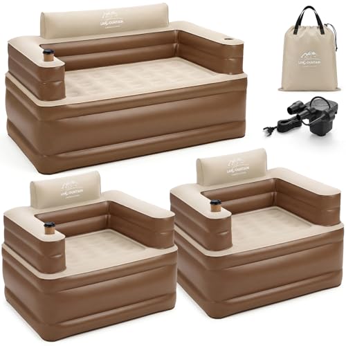 Inflatable Couch Set with Cup Holders & Pump, Velvety Air Sofa (1 Loveseat 60"x32"x34" & 2 Chairs 41"x32"x34") for Camping & Home - size: L+2 Set