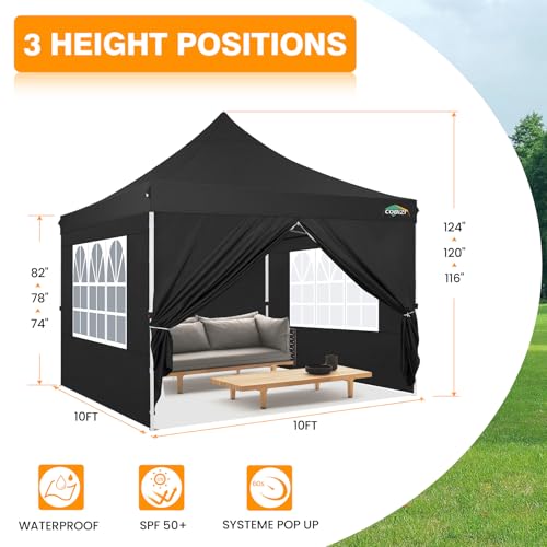 COBIZI 10x10 Pop Up Canopy with 4 Sidewalls, Canopy Tent 10x10 for Parties, Backyard, Commercial, Waterproof and Portable Instant Shelter UV50+ Outdoor Gazebo with 4 Sandbags(Black) - color: Black, size: 10x10FT