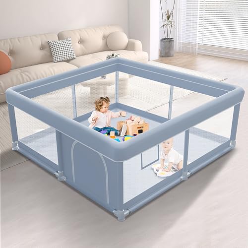 XVISHX 50 x 50 Inch Baby Playpen, Playpen for Babies and Toddlers, Baby Play Pen Playard for Indoor & Outdoor Active Center Game Fence, with Skin-Friendly Fabric and Soft Breathable Mesh, Grey - size: 50 × 50 Inch