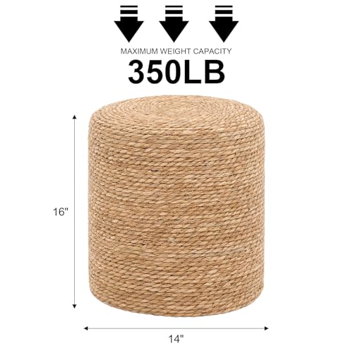 16'' Round Ottoman Natural Seagrass Braided Poof Hand Weaving Round Ottomans Boho Footrest Stool for Home Living Room Bedroom Patio(Natural) - color: Natural