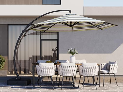 Kingdura 11ft Offset Cantilever Patio Umbrella with Base Included, Large Round Aluminum Outdoor Umbrella with 100% Acrylic Fabric, 360° Rotation & Infinite Tilt for Deck Pool Backyard, Green Stripes - color: Green Stripe, size: 11 FT