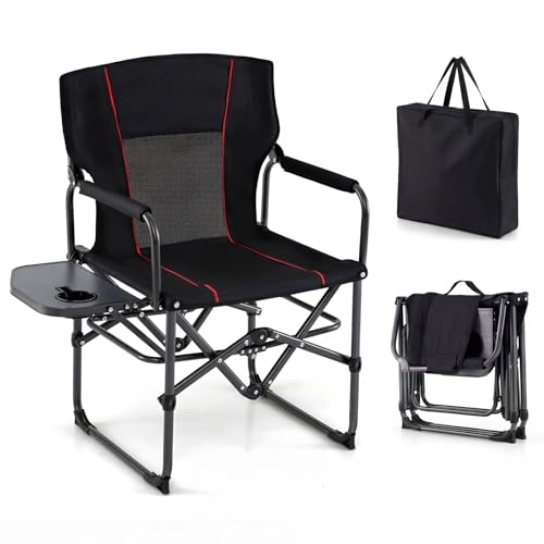 GYMAX Oversized Camping Directors Chair, Portable Folding Camping Chairs for Adults with Table, Heavy-Duty Lawn Chair for Fishing, Picnic, Sports, Beach, Outdoor, Supports 500LBS (Black) - color: Black