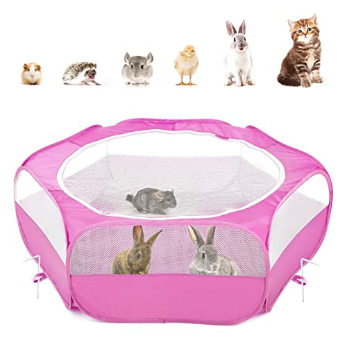 Pawaboo Small Animals Playpen, Waterproof Small Pet Cage Tent with Zippered Cover, Portable Outdoor Yard Fence with 3 Metal Rod for Chick/Kitten/Puppy/Guinea Pig/Rabbits/Hamster/Chinchillas,Magenta - color: B-Magenta