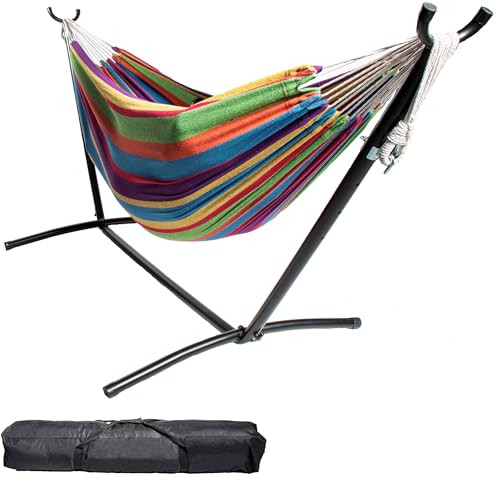Backyard Expressions Double Camping Hammock with Steel Stand & Carrying Bag, Adjustable Height, Ultra Soft Cotton Blend, 550 lb Capacity, Indoor & Outdoor Portable Hammock - color: Canyon Sunset