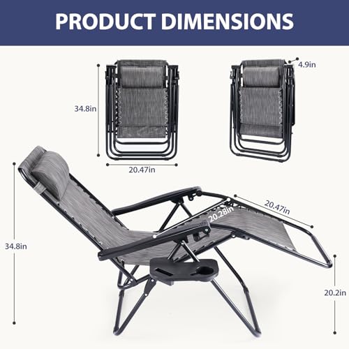 Sweetcrispy Zero Gravity Chairs, Set of 2 Portable Recliner Beach Camping Patio Outdoor Folding Lounge Chair with Cup Holder Trays and Adjustable Pillow for Poolside, Garden, Backyard, Lawn (Grey) - color: Grey