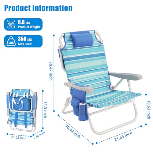 SUNNYFEEL Low Beach Chair, 5-Position Lay Flat Reclining, Backpack Portable Folding Chair with Cooler Bag & Cup Holder, Heavy Duty 350 LBS, Compact for Beach, Camping, Travel - color: Light Blue Stripe, size: 1-pack