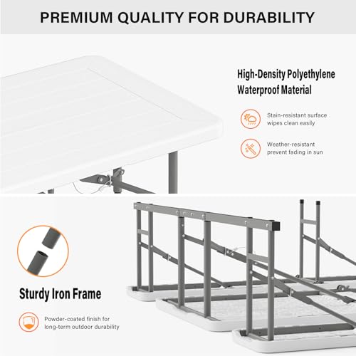VINGLI Folding Picnic Table and Bench Set with Umbrella, Portable Outdoor Dining Furniture for Camping, Patio, Backyard, Wood Grain Plastic Top with Metal Frame - color: White, style: With Umbrella