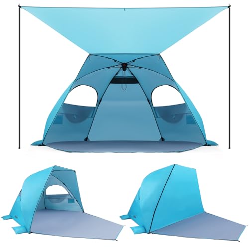 Elegear CumbreX™ Beach Tent with Canopy 4-6 Person, 1-Second Umbrella-Style Setup Pop Up Sun Shelter Shade, UPF 50+ UV Protection Four-Layer Silver-Coated Lightweight Portable Beach Cabana - Aqua Blue - color: Aqua Blue