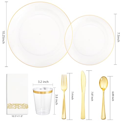 Supernal 350PCS Clear and Gold Plastic Dinnerware Set Include Clear Disposable Plates, Gold Plastic Silverware Heavy Duty, Cups and Napkins for Birthday, Weddings, Parties - color: 350pcs Clear Plastic Plates with Gold Rim
