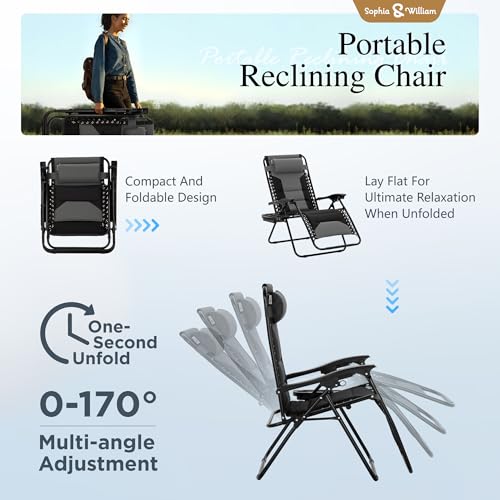 Sophia & William Oversized XL Zero Gravity Recliner Chair Set of 2 Padded, Folding Reclining Lounge Chair with Wide Armrest and Cup Holder, Support 400 LBS, Black - color: Grey, size: 2 Pack-Large