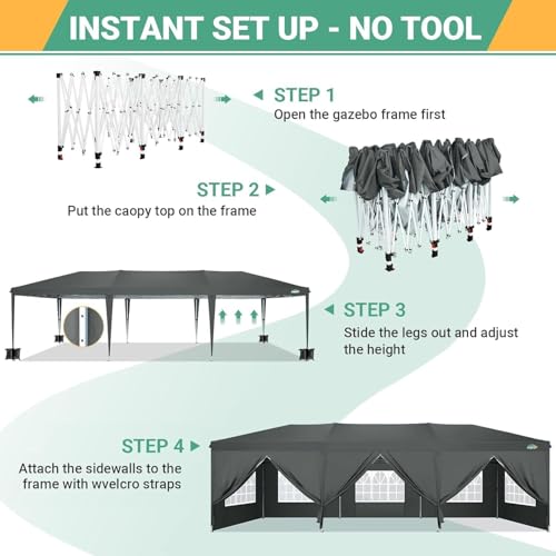 COBIZI 10x30 Canopy Party Tent with 8 Walls 10x30 Pop Up Canopy for Parties Waterproof UPF 50+ Outdoor Commercial Event Tent for Party Backyard Gazebo Canopy with Sidewalls & Sandbags(Gray) - color: Gray, size: 10x30FT with 8 sidewalls