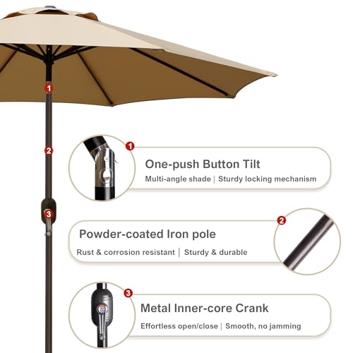 Blissun 9' Outdoor Patio Umbrella, Outdoor Table Umbrella, Yard Umbrella, Market Umbrella with 8 Sturdy Ribs, Push Button Tilt and Crank - color: TAN