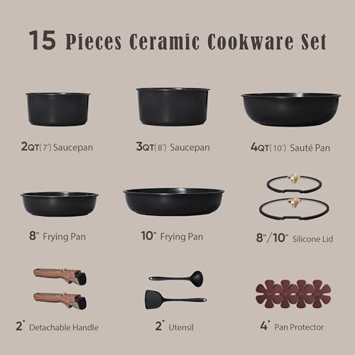 CAROTE 15Pcs Ceramic Cookware Set, Pots and Pans Set Non stick, Kitchen Cooking Set with Detachable Handle, Non Toxic Induction Cookware, Dishwasher/Oven Safe, PFAS Free, Black&Gold - color: Black
