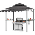TITIMO 8'x 8' x 7.8' Double Tiered Grill Gazebo with Side Awning,Outdoor Patio BBQ Pergola, Heavy-Duty Metal Frame Canopy Tent with Side Shelves,Hooks,Bottle Opener for Lawn Deck and Garden (Gray) - color: Gray