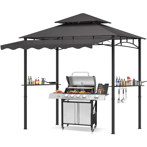 TITIMO 8'x 8' x 7.8' Double Tiered Grill Gazebo with Side Awning,Outdoor Patio BBQ Pergola, Heavy-Duty Metal Frame Canopy Tent with Side Shelves,Hooks,Bottle Opener for Lawn Deck and Garden (Gray) - color: Gray