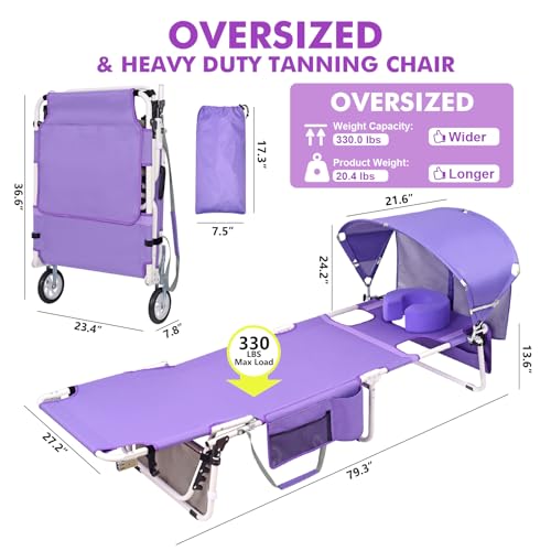 Wheel-To-Go Oversized Tanning Chair with Face Hole & Wheels | Portable Heavy Duty Folding Lounge Chair | Outside Sunbathing Reading Relaxing Beach Poolside Lawn | XL Wide | 330 LBS (Patent Design) - color: Purple, style: Oversized + Sun Canopy Style