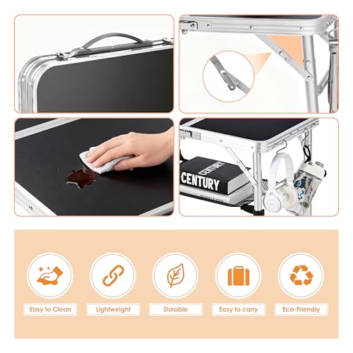 Folding Picnic Table 2ft Portable Camping Table Adjustable Heights Metal Aluminum Lightweight Foldable Small Outdoor Card Table with Carry Handle for Outside Indoor Camp Cooking BBQ Beach(Black) - color: Black