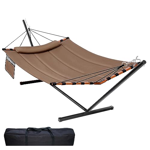 TegerDeger 12FT 2 Person Hammock with Stand Included 55 x 79IN Large Hammock 450LB Capacity with Hardwood Spreader Bar & Nylon Rope for Outside, Patio, Garden, Backyard, Beach, Poolside - Brown - color: Brown