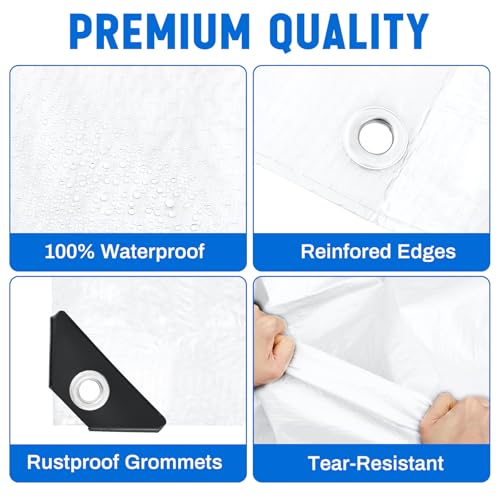 8 Pack 6 x 8 ft 5.5 Mil Large Tarps Heavy Duty Waterproof Tarp Multi Purpose Tent Cover for Home Boats Cars Camping Patio Furniture Roof Emergency Rain Protective Cover, White - color: White, size: 6 x 8 ft