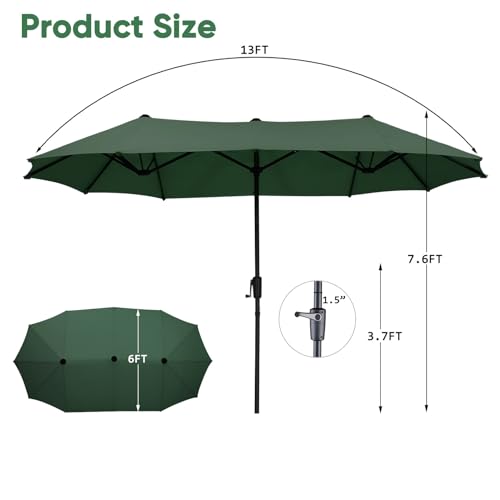 13Ft Large Patio Umbrella with Base Outdoor Double-Sided Market Extra Large Table Umbrella Easy Crank for Yard, Poolside, Deck-Green - color: Green, size: 13FT Umbrella+Base