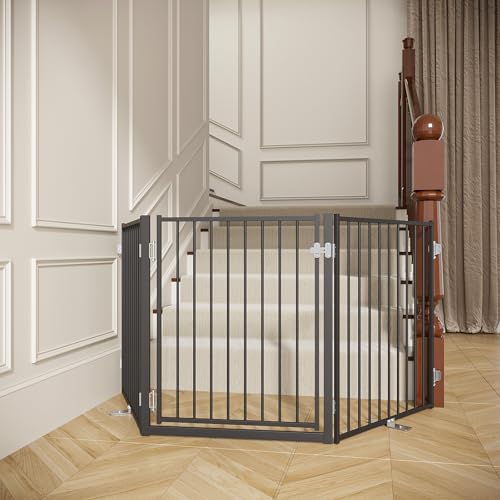 No Pawblems Free Standing Dog Gate with Door, 30'' Tall Foldable Dog Fence for Indoor & Outdoor, Up to 78 Inch Extra Wide Puppy Gate for Stairs, Hallways, Doorways, Deck, Yard (Black, 3 Panels) - color: Black, size: Up to 78" W, 3 Panels