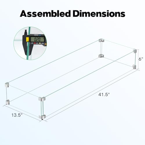 41.5 x 13.5 x 6 Inch Glass Wind Guard for Propane Gas Fire Pit Table, Rectangular Thick Tempered Glass Shield, Firepit Glass Barrier with Aluminum Corner Bracket & Rubber Feet - size: 41.5" x 13.5" x 6"
