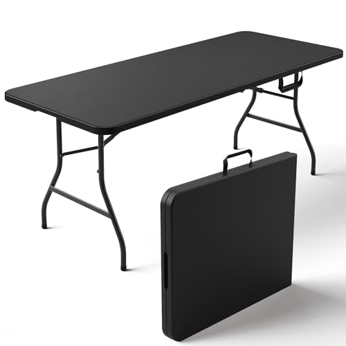 Folding Table 6FT Heavy Duty Plastic Table with Handle, Foldable&Portable, Fold-in-Half Utility Tables for Outdoor, Dining, Wedding, Events, Indoor, Picnic, Camping, Party, Black - color: Black, size: 6FT