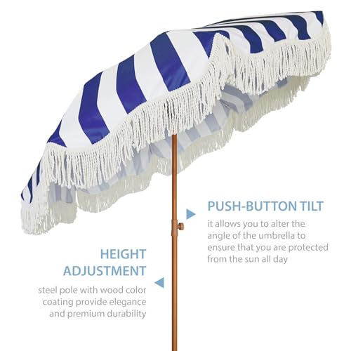 AMMSUN Boho Fringe Umbrella Outdoor Patio, 6.5ft UPF50+ Picnic Umbrella with Tassels with Steel Pole and Push Button Tilt, Navy Stripe - color: Navy Stripe