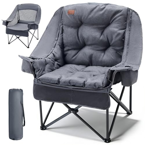 EVER ADVANCED XL Camping Chair with Detachable Cushion, Mesh Chair for Adults Foldable, Oversized Heavy Duty Folding Chair with Cooler Mesh Pocket Cupholder Outdoor Fishing, Supports 400LBS Grey - color: Grey, size: 1 P