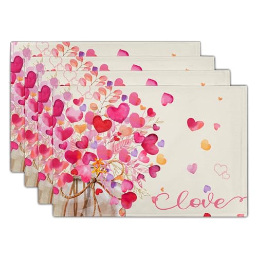 Vintage Love Placemat Set of 4, 12x18 Inch Red and Pink Hearts Eucalyptus Leaves Linen Washable Heat Resistant Table Mats for Wedding Anniversaries Holiday Dinner Party Decor - color: Love Hearts Leaves