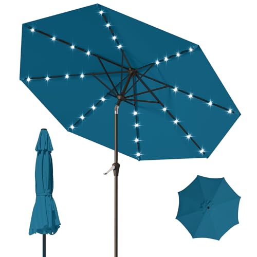 9FT Patio Umbrella with Solar Lights,Outdoor Market Umbrella with Tilt and Crank, LED Lighted Table Umbrella for Garden,Deck,Backyard,Pool,Beach (Lake Blue) - color: Lake Blue
