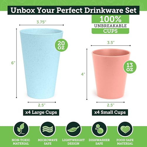 Grow Forward Premium Wheat Straw Cups - 13 & 20 oz Unbreakable BPA Free Hard Plastic Cups - Reusable Lightweight Plastic Drinking Glasses for Kitchen, Outdoor, Water, Camping, RV - Tropical - color: Tropical, size: 13/20oz