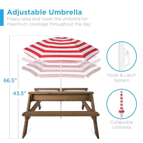 Best Choice Products Kids Picnic Table with Umbrella, 3-in-1 Sand & Water Table, Outdoor Convertible Picnic Table for Toddlers, Seats 4, Removable Top, 2 Buckets - Walnut/Red - color: Walnut/Red