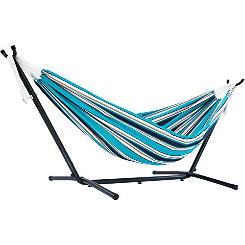 Vivere Double Sunbrella Hammock with Space-Saving Steel Stand, Heavy-Duty Portable Outdoor Hammock Set for Backyard, Patio, or Travel, Token Surfside - color: Token Surfside