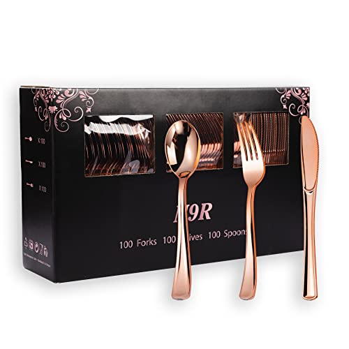 N9R 300PCS Rose Gold Plastic Silverware, Heavy Duty Plastic Cutlery Set, Disposable Rose Gold Utensils Include 100 Forks, 100 Spoons, 100 Knives, Perfect for Party Decorations - color: Rose Gold-300Pack
