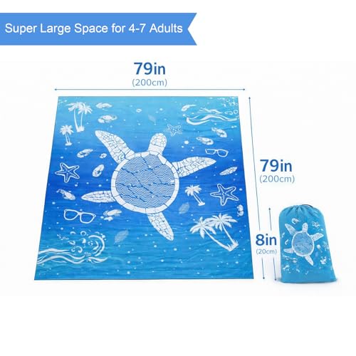 Oversized Beach Blanket (79" x 79") - Sandproof & Waterproof Outdoor Picnic Mat for 4-7 Adults - Lightweight, Foldable & Portable Ground Cover for Travel, Camping, Festivals - color: Sea Translucent Turtle