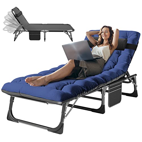 ABORON 3-in-1 Folding Patio Lounge Chair, 440LB Heavy-Duty Tri-Fold Guest Bed with Plush Cotton Cushion, No Assembly Adjustable Recliner for Office Nap, Patio Sunbathing, Poolside & Camping - color: Xtreme Deepwater