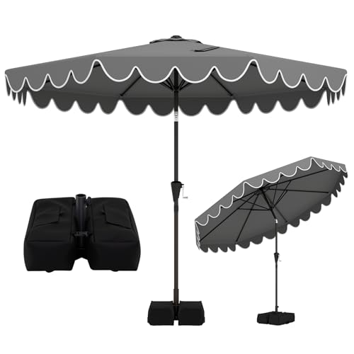 Tangkula 10 FT Patio Umbrella with Base Included, 2-Tiers Outdoor Scalloped Table Umbrella with 2 Sandbags, Tilt Adjustment, Crank, 8 Ribs for Market Backyard Pool Deck Beach Lawn - color: Gray, size: 10 FT