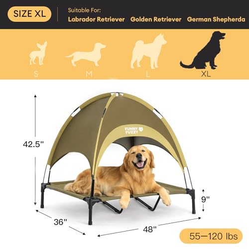 FUNNY FUZZY Elevated Dog Bed with Canopy, Green, X-Large (48"x36"x9") – Outdoor, Raised Pet Cot with UV Protection, Cooling Mesh, Indoor & Outdoor Use, Dog Cot for Large Dogs up to 120 lbs - color: Green, size: X-Large